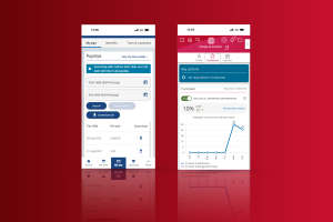 two mobile screens showing people first employee turnover dashboard and payment portal, helping managers simply organisational reporting.