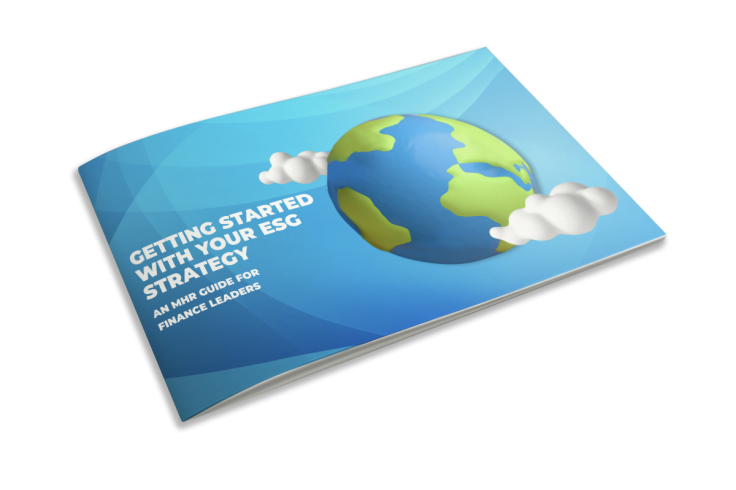 ESG strategy guide with a world and clouds, demonstrating an MHR guide for finance leaders.